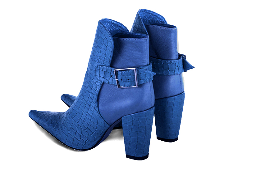 Electric blue women's ankle boots with buckles at the back. Pointed toe. High block heels. Rear view - Florence KOOIJMAN
